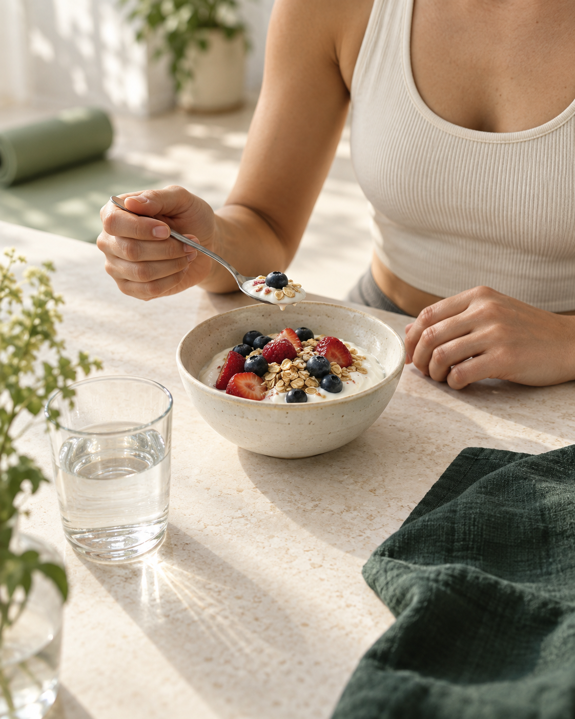 yogurt, berries, and oats at a sunlit breakfast table.
